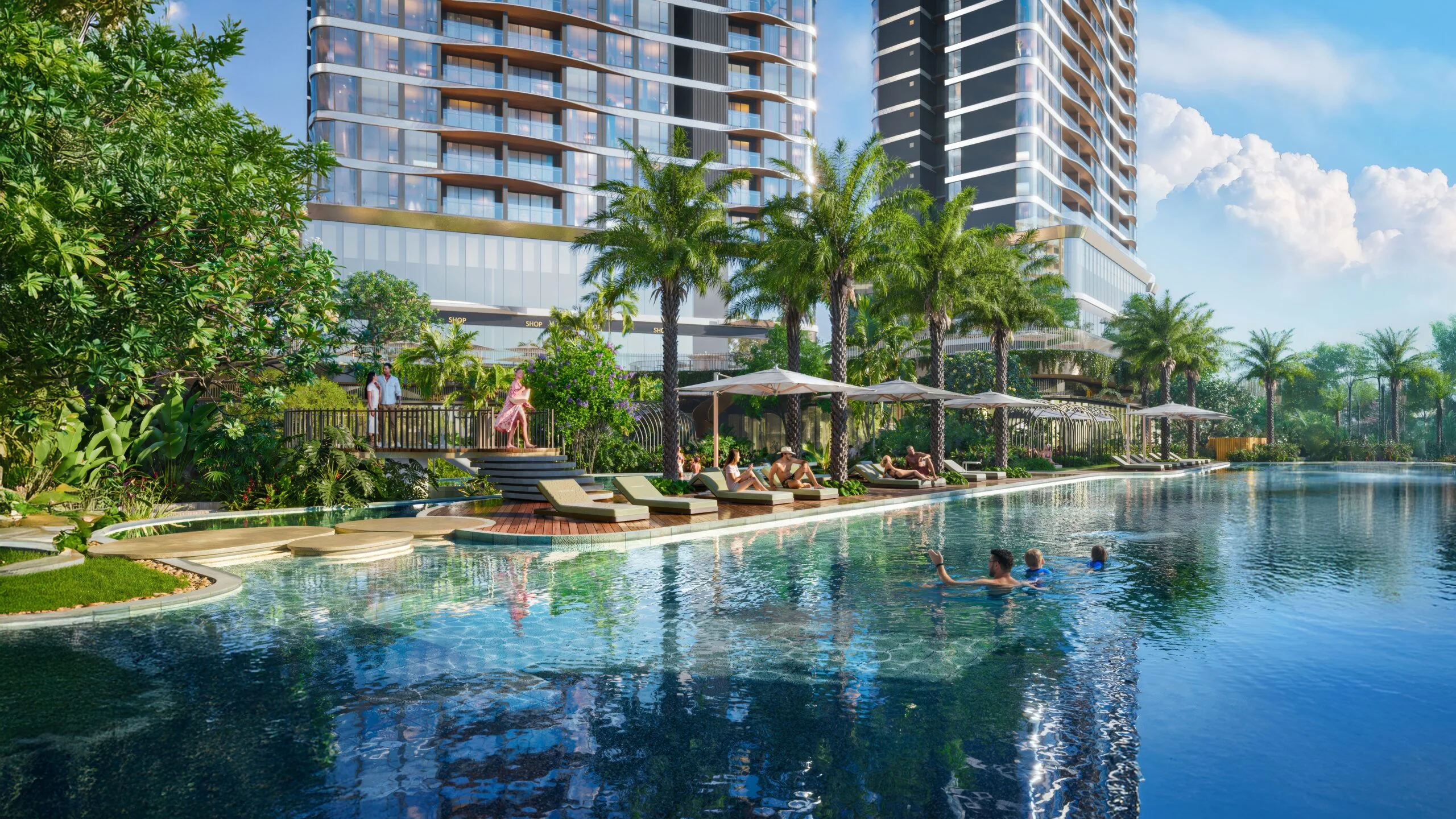Phối cảnh hồ bơi dài 70 m và cảnh quan nghỉ dưỡng Palm River.