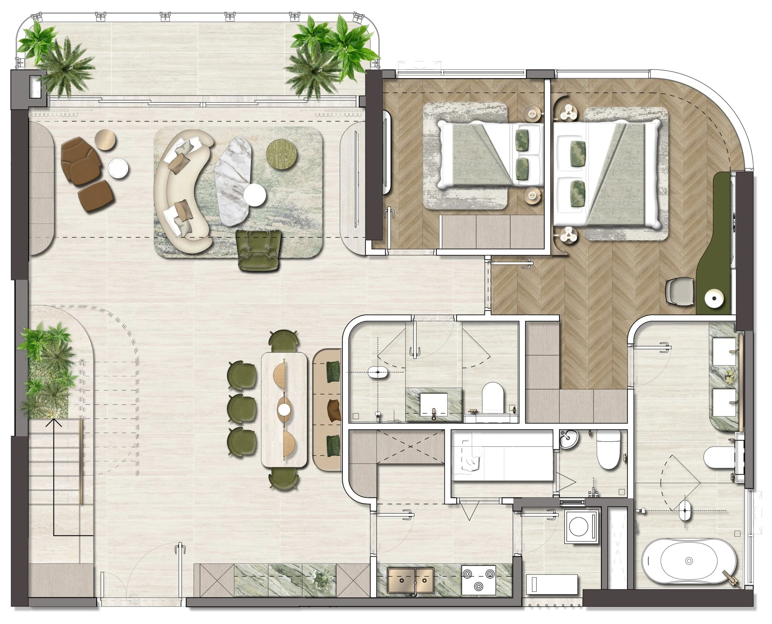 Mặt bằng minh họa tầng dưới căn Duplex Palm River, gồm không gian sinh hoạt chung và thang trong căn.