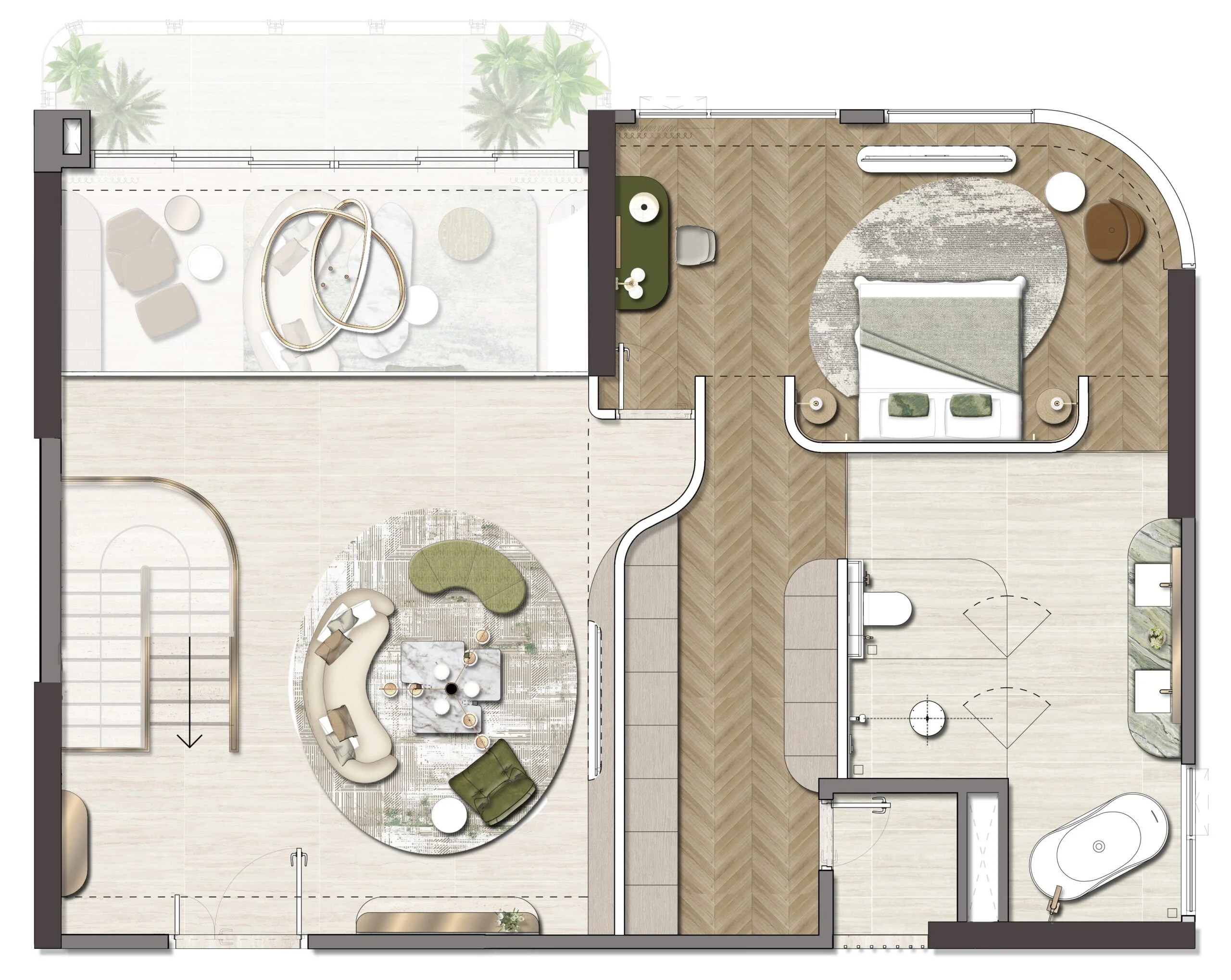 Mặt bằng minh họa tầng trên căn Duplex Palm River; phải đi cùng sơ đồ tầng dưới.