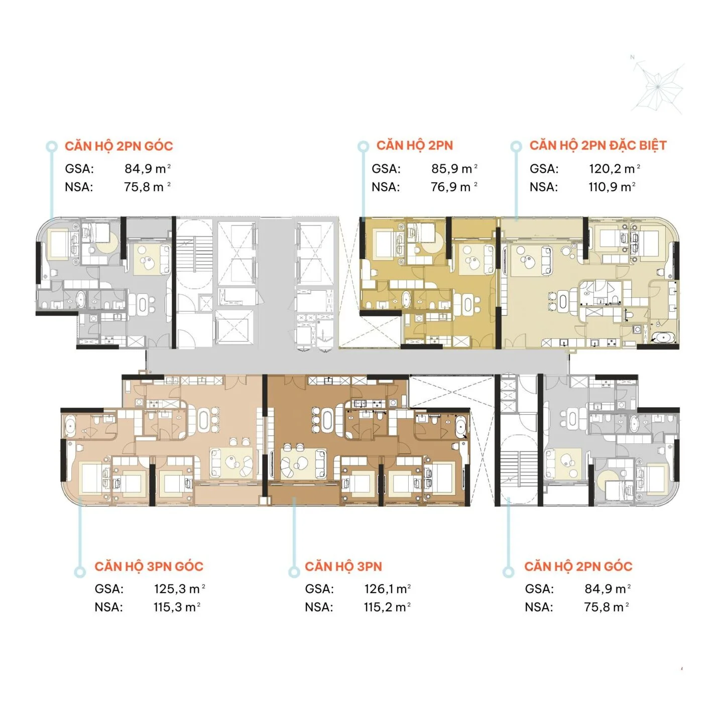 Mặt bằng tháp 3, tầng 4–19 và 21–26, gồm sáu căn 2–3 phòng ngủ; GSA và NSA thể hiện trên sơ đồ.