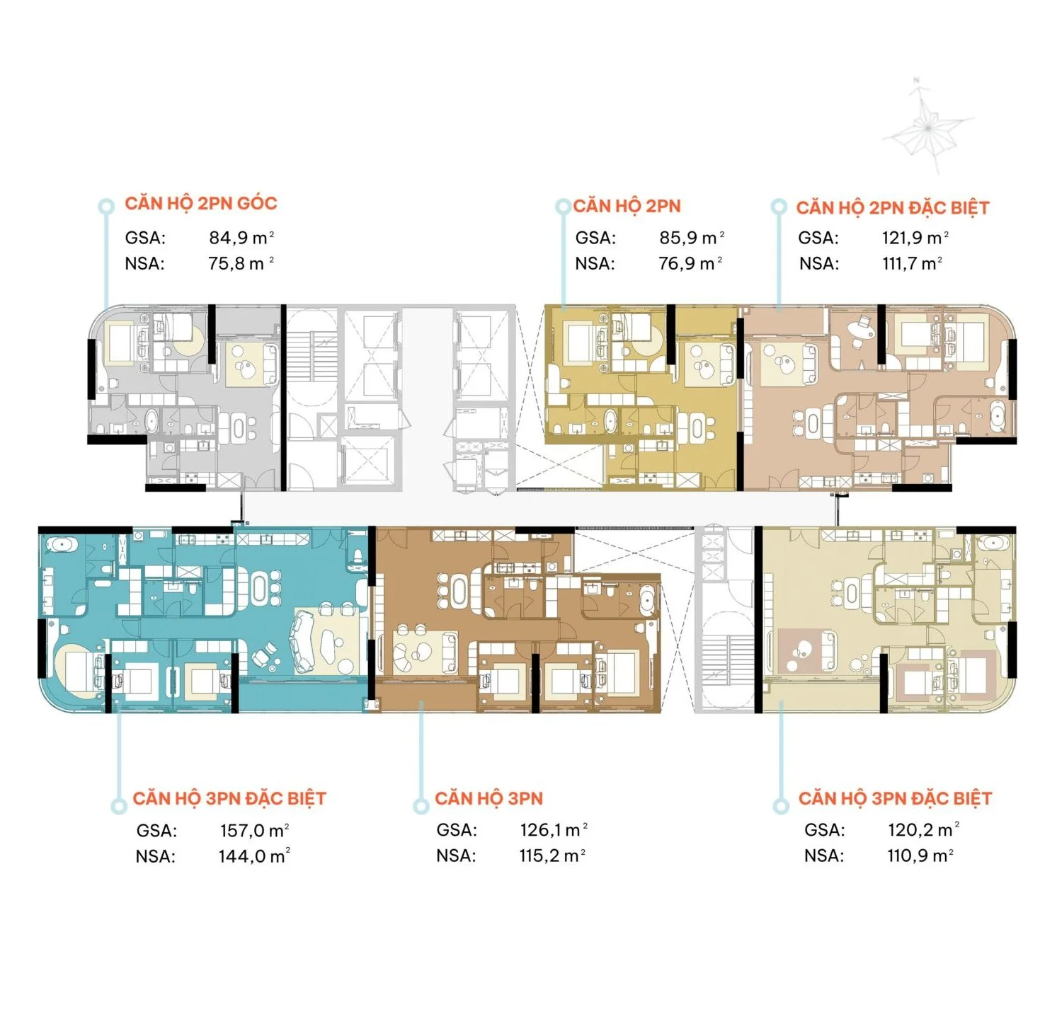 Mặt bằng tháp 4, tầng 5–19, gồm các căn 2–3 phòng ngủ; GSA và NSA thể hiện trên sơ đồ.