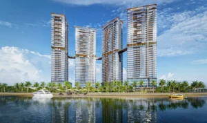 Phối cảnh bốn tòa tháp Palm River nhìn từ sông Giồng Ông Tố.