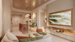 Phối cảnh phòng khách căn hộ Palm River với tông gỗ ấm, xanh olive và đường cong nội thất.