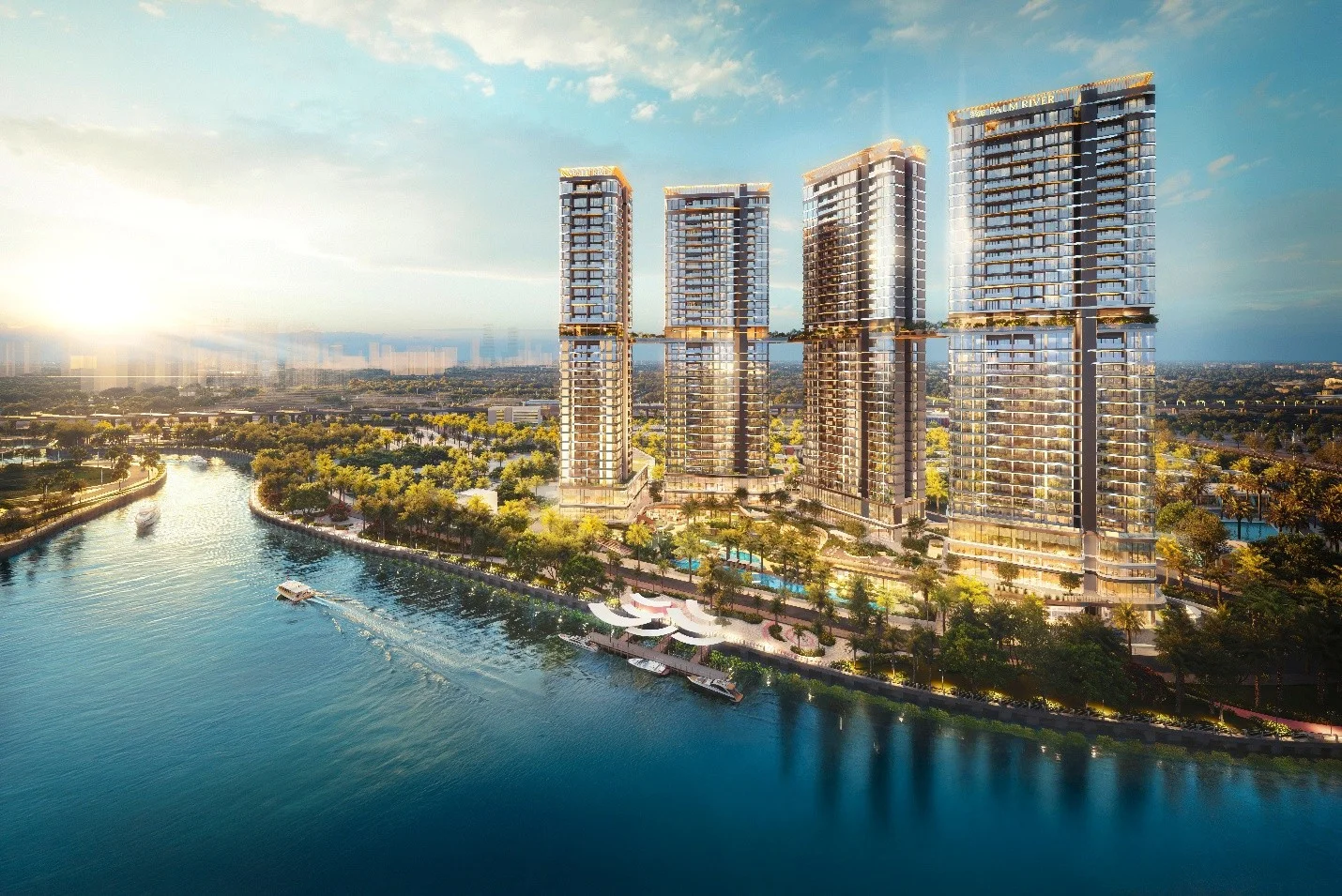 Phối cảnh bốn tháp Palm River bên sông lúc hoàng hôn.