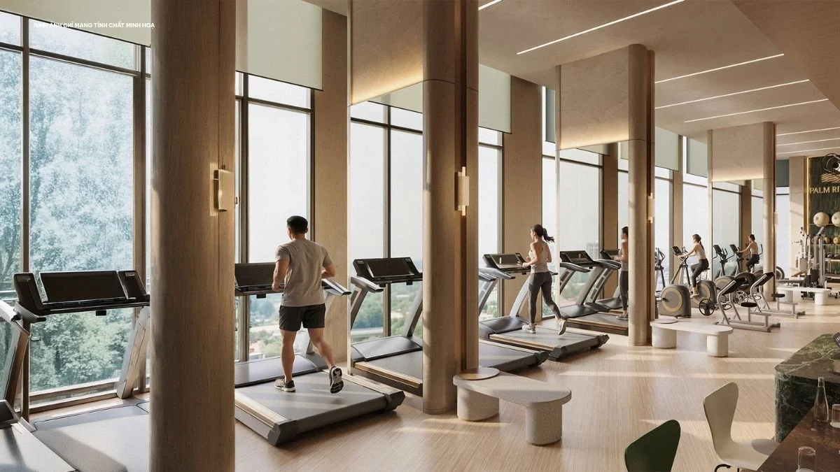Phối cảnh phòng tập trên cao có máy chạy bộ và mảng kính lớn.