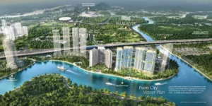 Phối cảnh quy hoạch tổng thể Palm City, gồm các phân khu và tiện ích dự kiến.