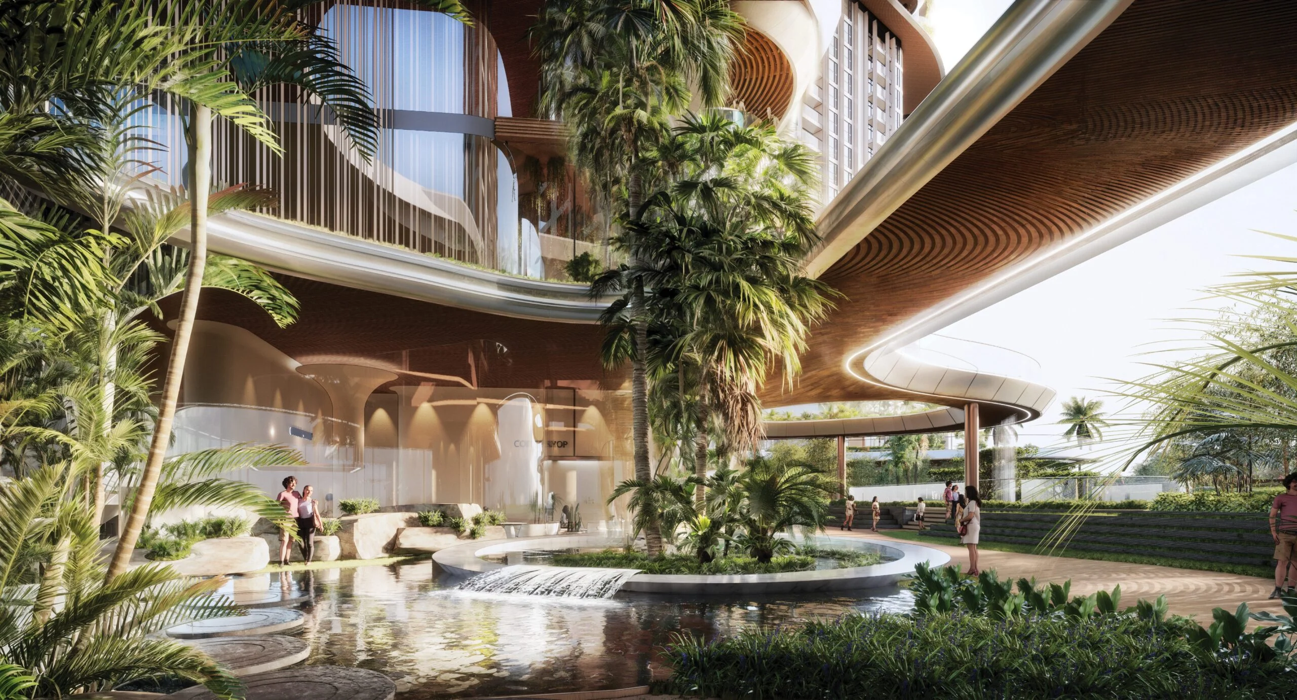 Phối cảnh vườn thác nước và lối dạo dưới cầu nối các tháp Palm River.