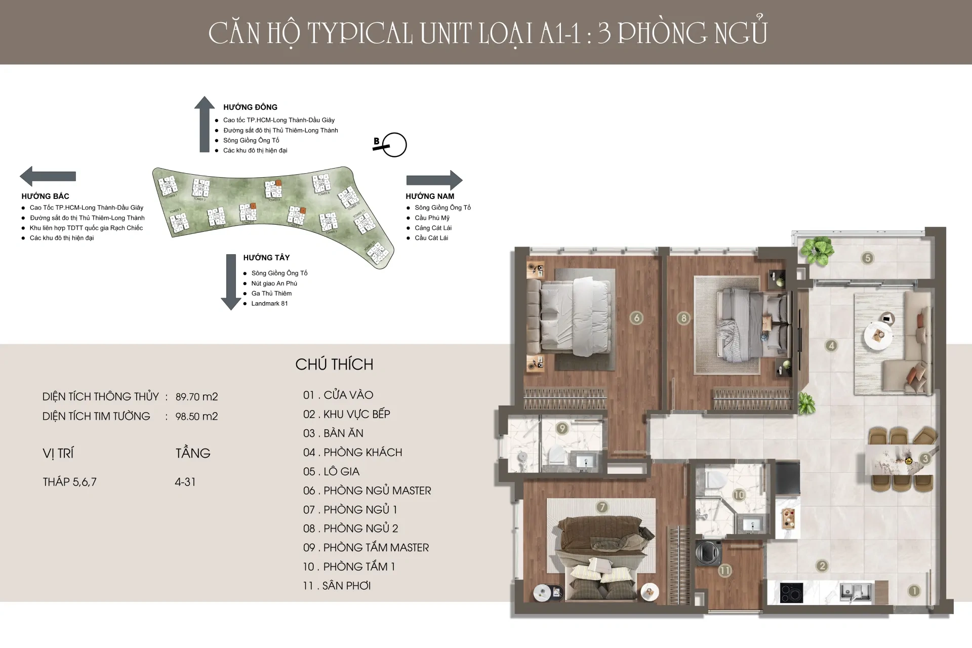 Mặt bằng căn hộ A1-1, 3 phòng ngủ, tháp 5, 6 và 7 The Privé