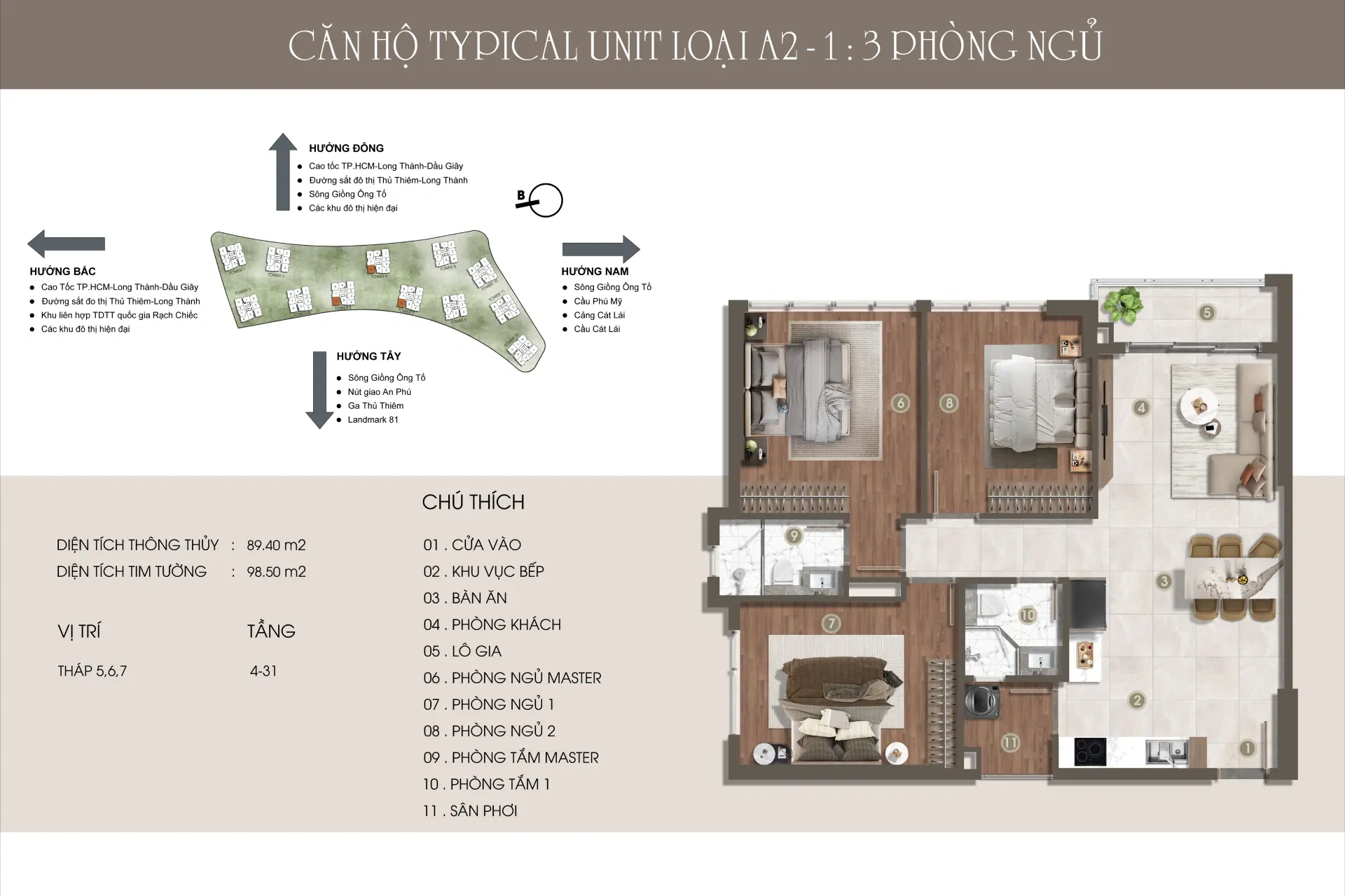 Mặt bằng căn hộ A2-1, 3 phòng ngủ, tháp 5, 6 và 7 The Privé