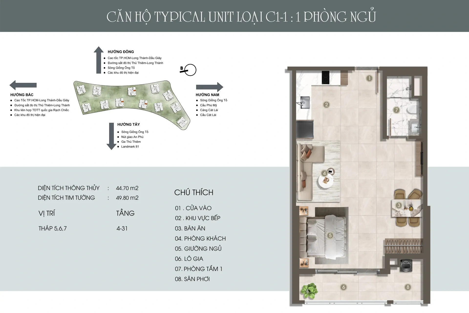 Mặt bằng căn hộ C1-1, 1 phòng ngủ, tháp 5, 6 và 7 The Privé