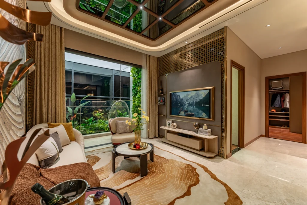 Phòng khách và ban công căn hộ mẫu 2 phòng ngủ The Privé