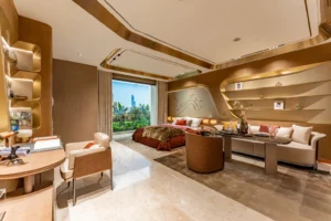 Phòng ngủ và góc sinh hoạt căn hộ mẫu 1 phòng ngủ The Privé