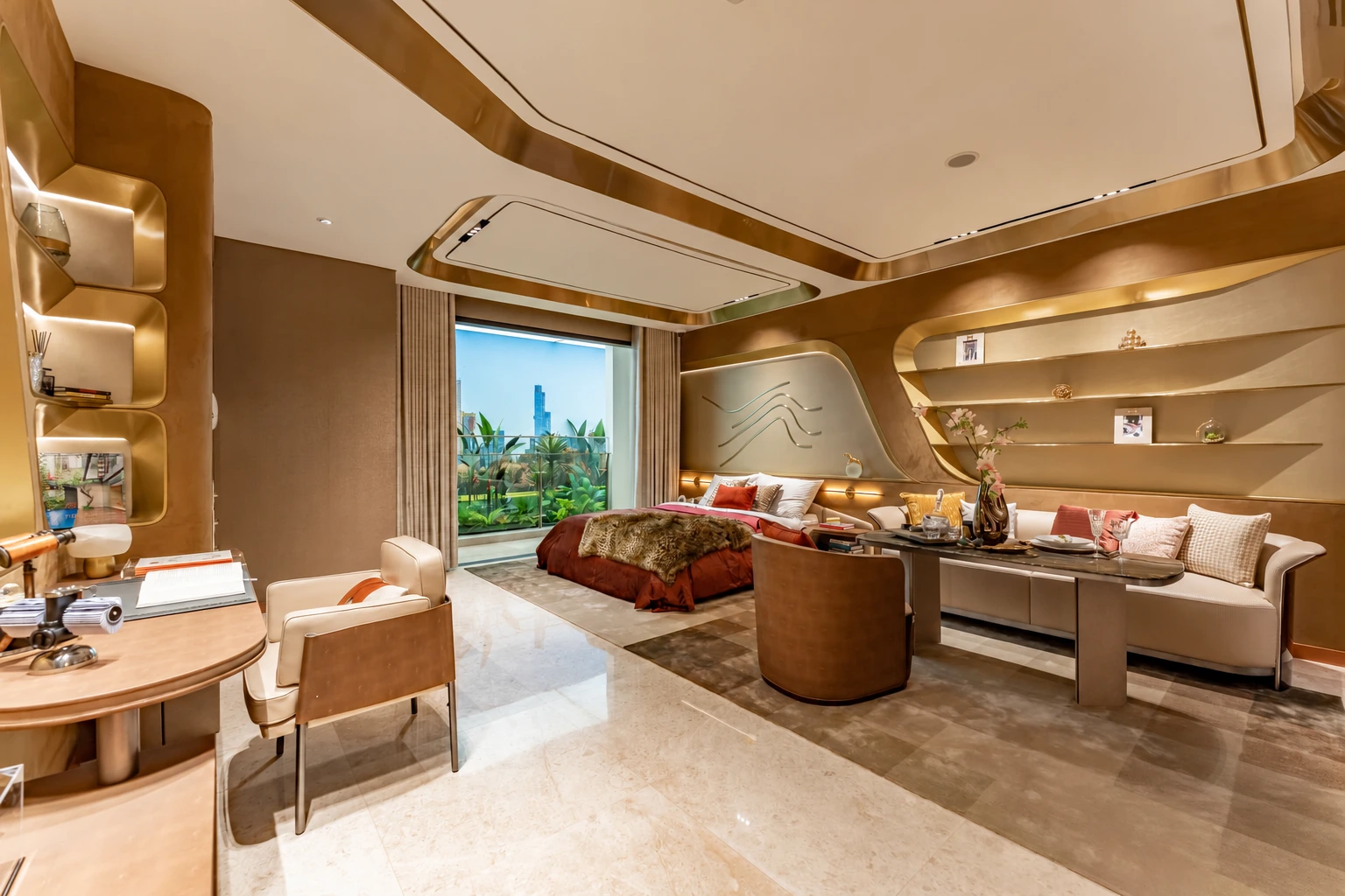 Phòng ngủ và góc sinh hoạt căn hộ mẫu 1 phòng ngủ The Privé