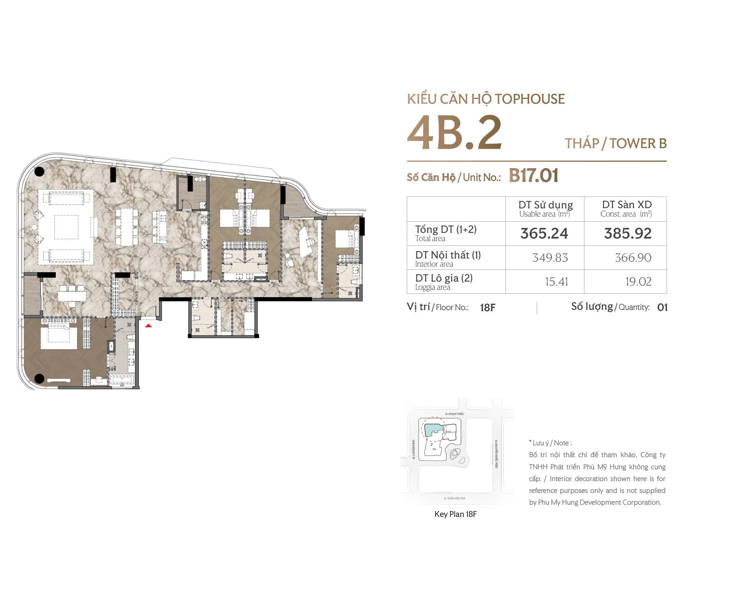 Mặt bằng căn Tophouse 4B.2 tháp B Triton Crown có 4 phòng ngủ