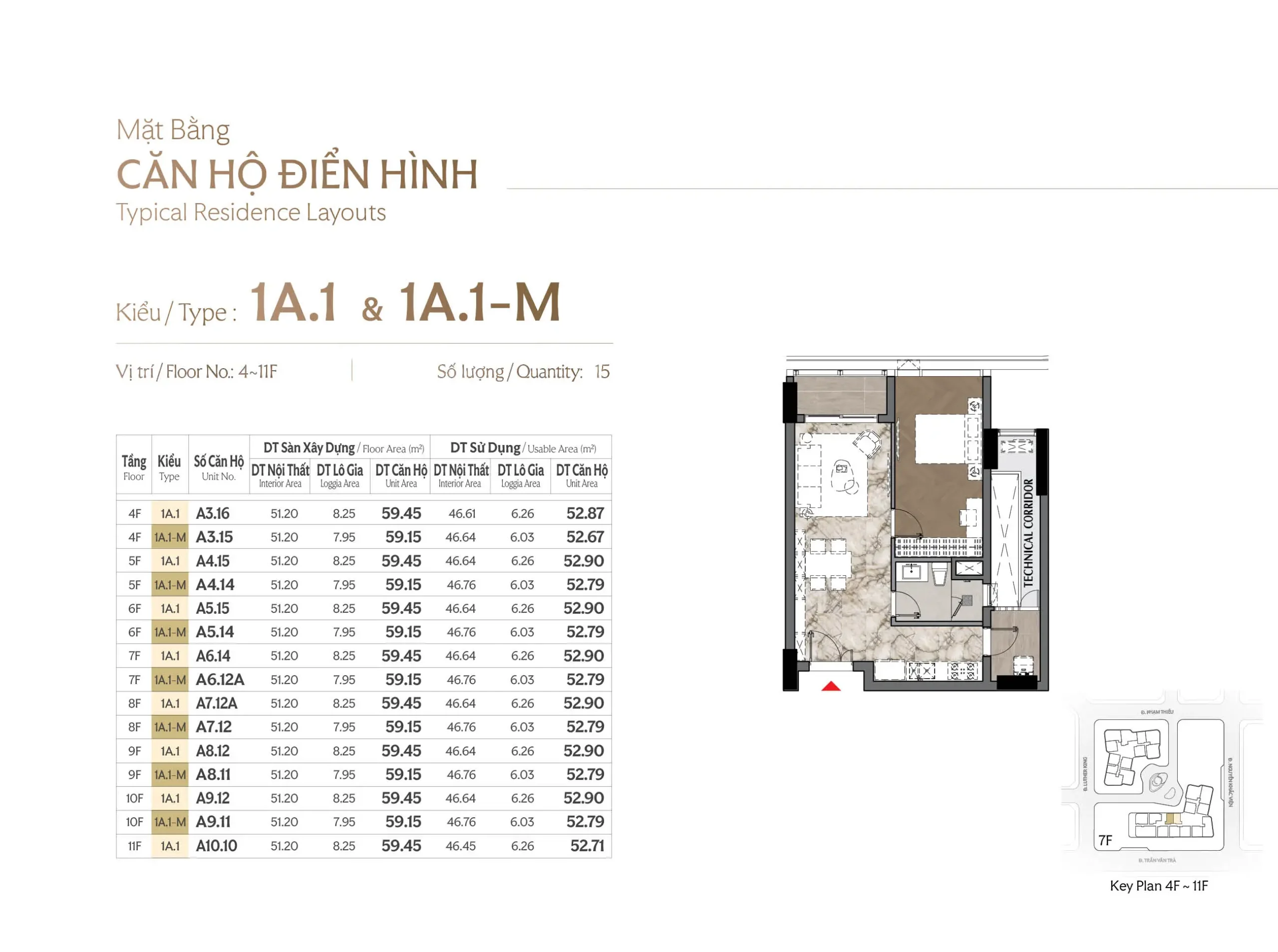 Mặt bằng mẫu 1A.1-M và 1A.1 tháp A tại dự án Triton Crown Phú Mỹ Hưng