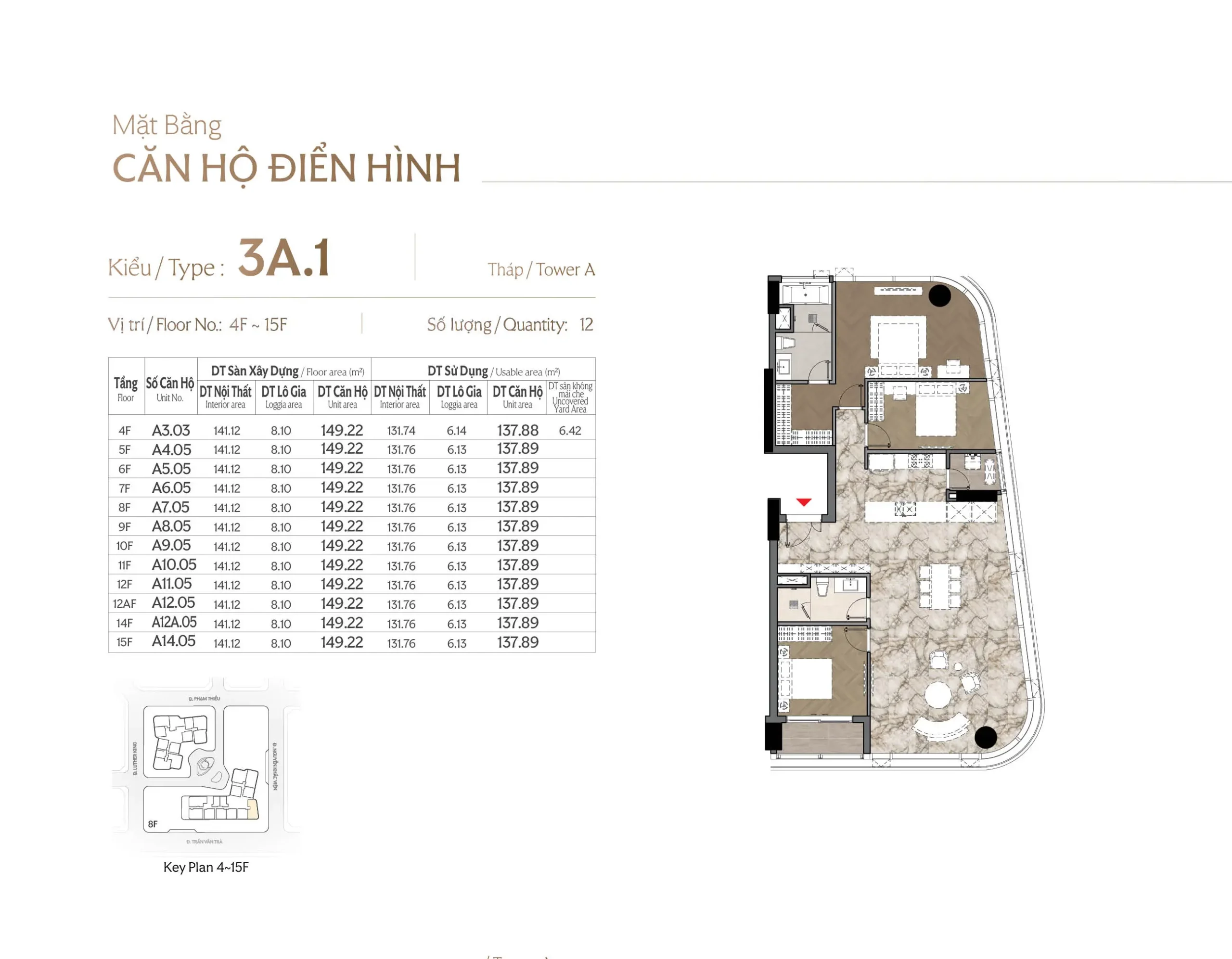 Mặt bằng mẫu 3A.1 tháp A tại dự án Triton Crown Phú Mỹ Hưng