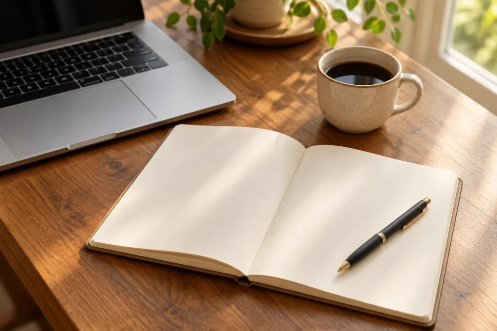 Sổ ghi chép và máy tính trên bàn làm việc — ảnh minh họa marketing