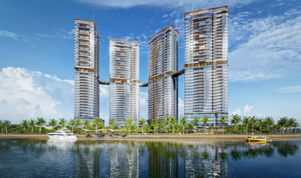 Phối cảnh bốn tòa tháp Palm River bên sông tại Palm City